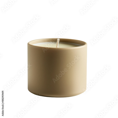 Beige ceramic candle jar with single wick, minimalist 3D render isolated on Transparent Background