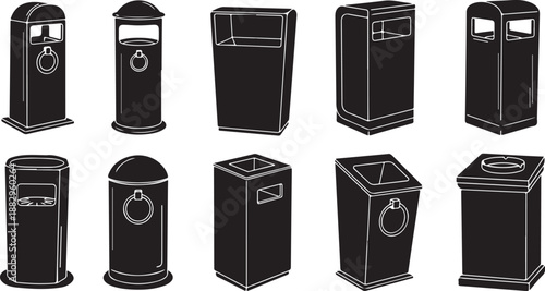 Various Trash Cans and Recycling Bins in Black Color
