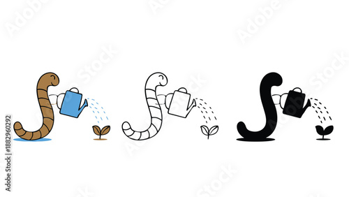 A colorful illustration of worms watering plants with different colored watering cans