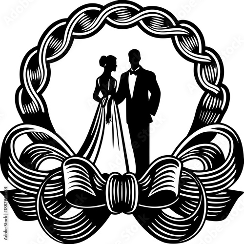 Elegant black silhouette illustration of a bride and groom in wedding attire symbolizing love and family on a white background