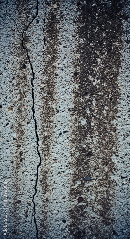 Obraz premium Vertical view of concrete with crack, showing textured surface and dark stains, representing deterioration, age, or structural issue