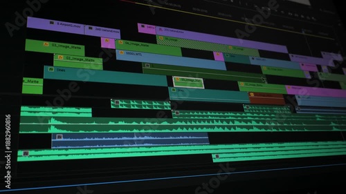 Multilayer video editing timeline with audio tracks in postproduction software, Professional montage interface showing clips transitions sound waves and workflow structure