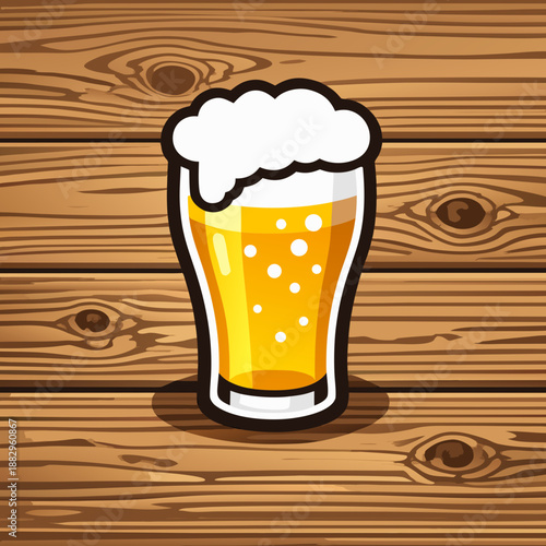 Beer Glass on Wooden Background Flat Vector Illustration