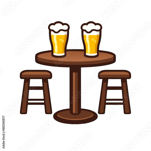 Pub Table with Beer Glasses and Stools Flat Vector