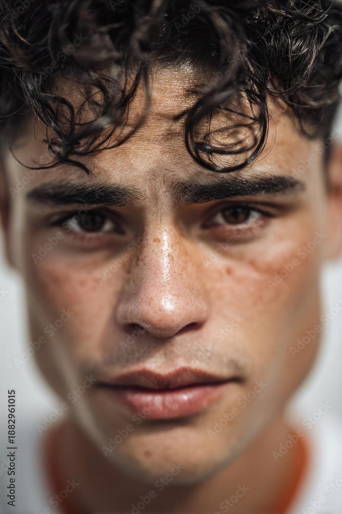 Obraz premium Close-up portrait of a young man with wet dark hair, freckles, and a thoughtful expression. Concept Close-Up Portrait, Wet Hair, Freckles, Thoughtful Expression, Youthful Male