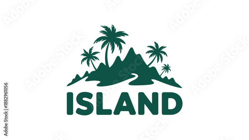 A green island logo with palm trees on a white background