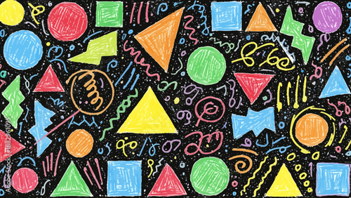 Vibrant hand-drawn abstract pattern featuring an energetic mix of colorful geometric shapes and playful squiggles on a dark background, creating a whimsical doodle art texture