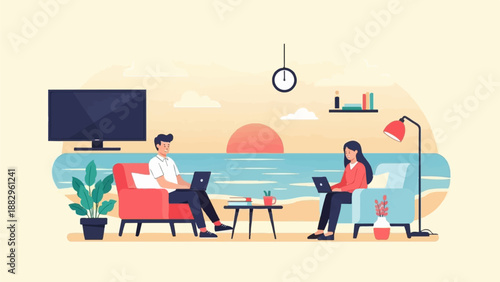 Remote workers enjoy ocean sunset view, laptop, TV, and beach setting