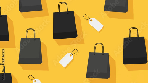 Repeating pattern of black shopping bags and white price tags on yellow