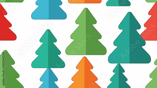 Repeating pattern of stylized, flat trees in various bright colors
