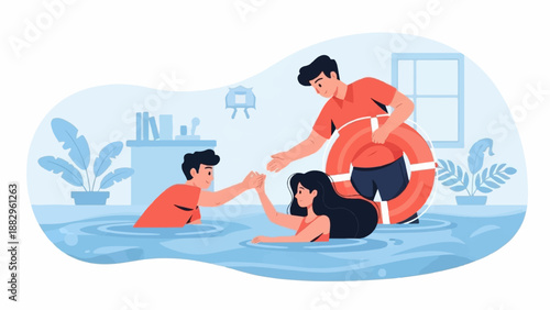 Rescuer with lifebuoy helps people stranded in flooded room