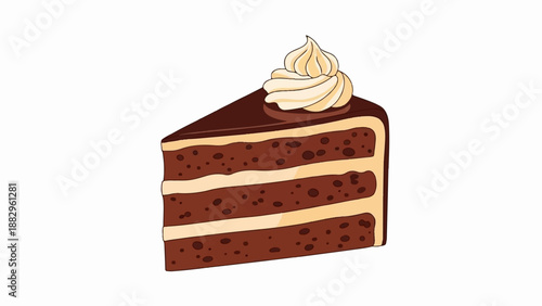 Rich chocolate cake slice with layers of cream and frosting