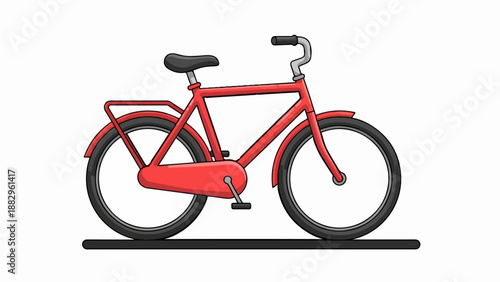 Red bicycle with black seat, tires, and gray handlebars