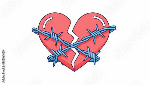 Red broken heart entangled with sharp blue barbed wire