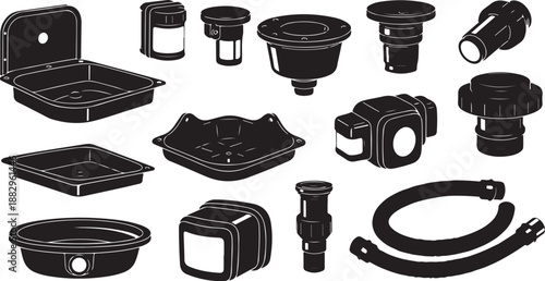 Plumbing parts and tools in black and white illustration