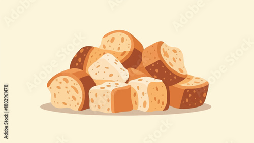 Pile of golden-brown bread pieces, some cubed, some sliced