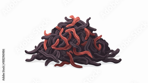 Pile of wriggling dark and reddish earthworms on white background