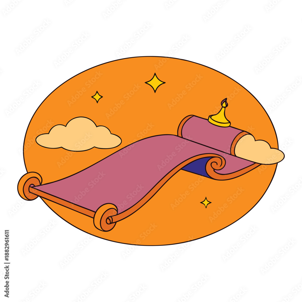 Fototapeta premium A glowing magic carpet drifts through a vast orange sky, trailing sparkles as it carries dreams, adventure, and wonder above golden clouds at sunset, in a fairytale night. 