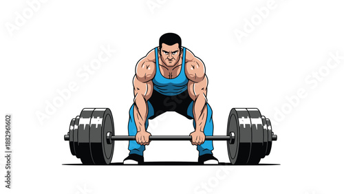 Powerful muscular man performing a heavy deadlift with a large barbell in a dynamic comic book illustration style.