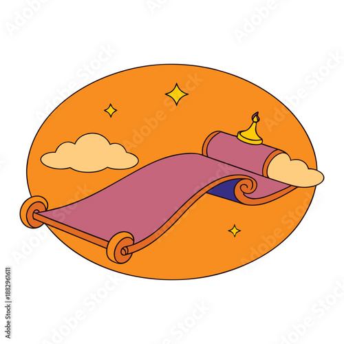 A glowing magic carpet drifts through a vast orange sky, trailing sparkles as it carries dreams, adventure, and wonder above golden clouds at sunset, in a fairytale night.
