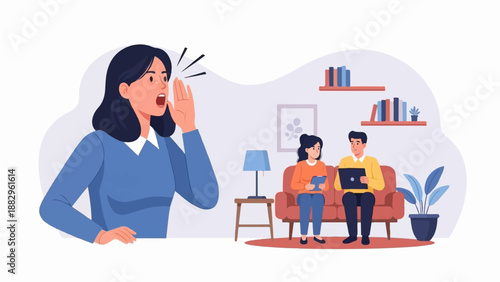 Person shouts at couple using devices on couch with books and lamp