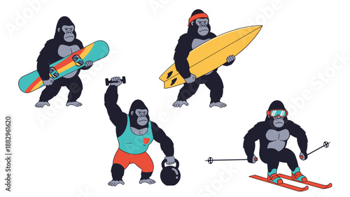 Collection of four muscular gorillas participating in various sports including snowboarding, surfing, skiing, and lifting.