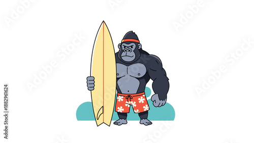 Muscular gorilla mascot wearing tropical swim trunks and a headband while holding a yellow surfboard on a beach scene.