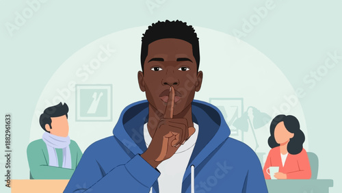 Person signaling silence, with colleagues in office background