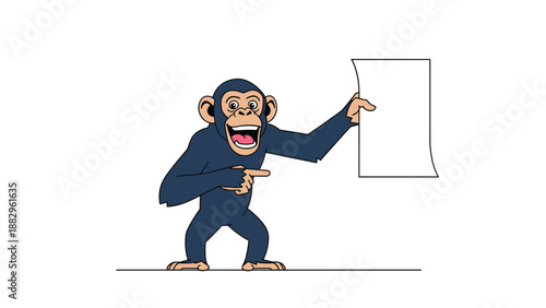 Cheerful cartoon chimpanzee standing and pointing with one finger to a blank vertical scroll or piece of paper for text.