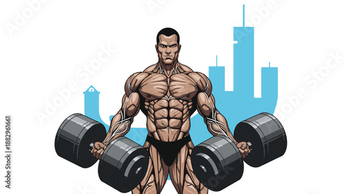 Professional bodybuilder holding two massive dumbbells in a gym workout pose with a blue city skyline in the background.
