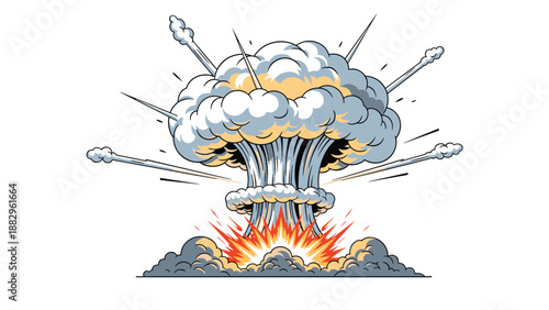 Dramatic illustration of a nuclear explosion mushroom cloud with fire and debris in a comic book or graphic novel style.