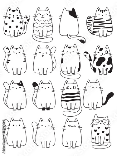 Cute and funny cats doodle line illustration. Cartoon cat or kitten characters design with outline style.