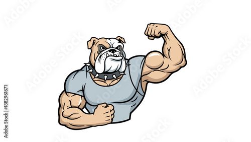 Strong muscular bulldog mascot wearing a grey tank top and flexing its biceps in a powerful gym fitness illustration.