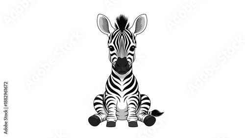 Cute cartoon zebra foal sitting with a small smile and large eyes in a friendly and simple vector animal illustration.