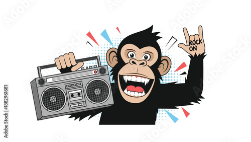 Energetic cartoon chimpanzee holding a grey boombox over its shoulder and making a rock on hand sign in a fun illustration.