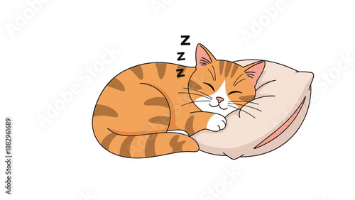 Adorable ginger tabby cat sleeping peacefully on a soft pink pillow with a small zzz symbol above its head in a cute art.