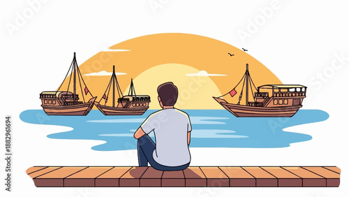Person sits on dock watching boats at sunset with birds flying