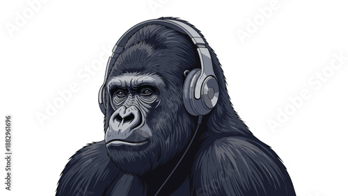Thoughtful gorilla wearing large modern headphones listening to music in a detailed and expressive vector portrait art.