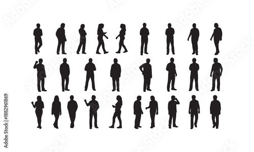 Set of black vector silhouettes featuring a business team of men and women in suits standing in a row and a family walking