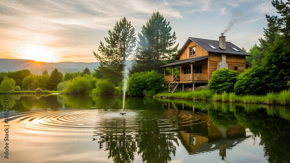 Fototapeta premium log cabin on lake with fountain at sunset transparent background