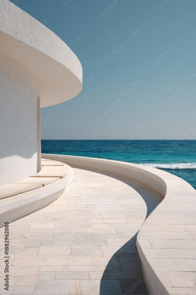 Fototapeta premium White curved seaside terrace with bench seating, overlooking a blue ocean under a clear sky. Concept Seaside terrace, White curved architecture, Bench seating, Ocean view, Clear blue sky