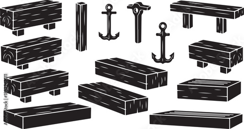 Black and white wooden crates and nautical anchors illustration