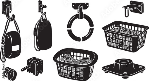 Black and white illustration of various household items collection