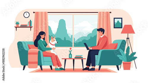 People relaxing indoors with a dog and laptop, scenic view