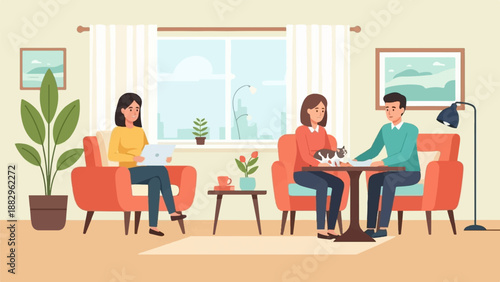 People relaxing indoors with a cat, plants, and artwork