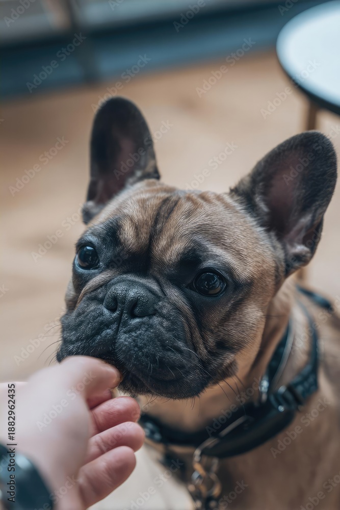 Obraz premium Close-up of a brown French Bulldog sniffing a person's finger indoors. Concept French Bulldog, Indoor Portrait, Close-Up Shot, Dog and Person Interaction, Pet Photography