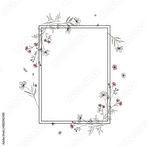 Delicate floral wreath framing a rectangular border with lush greenery and vibrant blooms