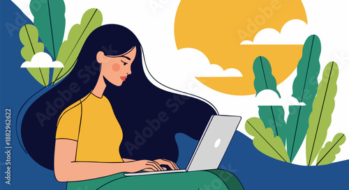 Young woman with long dark hair focused on typing on a laptop outdoors under the bright sun illustration