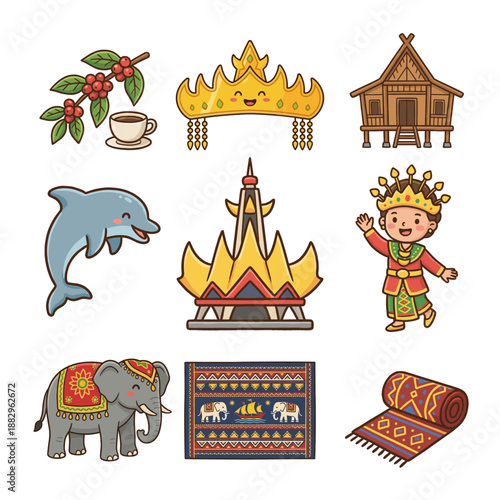 Collection of Cute Cartoon Icons Representing Lampung Indonesia Culture and Landmarks