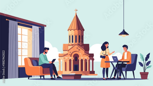 People interacting near a church and modern interior spaces